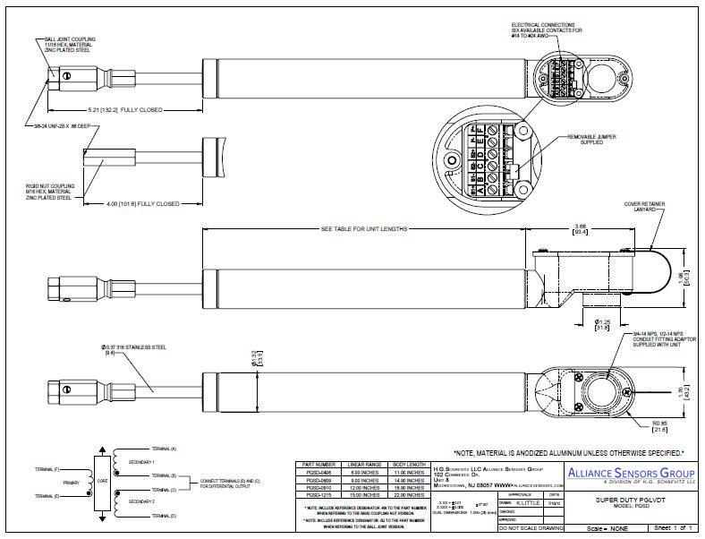 LVDT Linear Position Sensors PGxR Mild Radiation Resistant Series Diagram