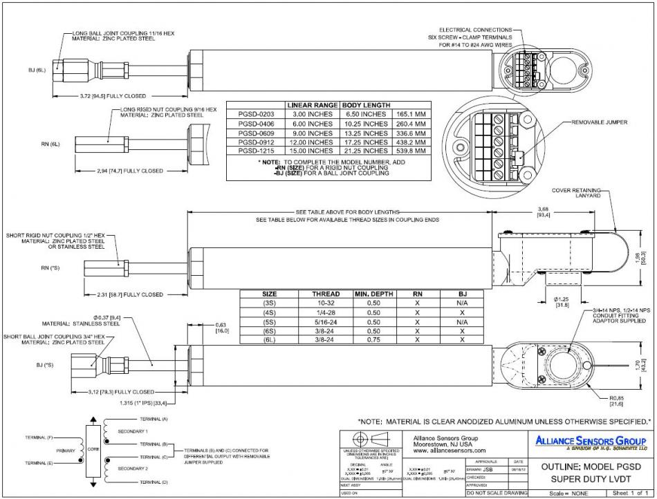  LVDT Linear Position Sensors PGSD Series Diagram