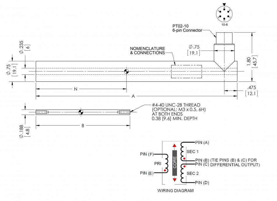 LVDT Linear Position Sensor Hermetically Sealed LHA-19-R Diagram