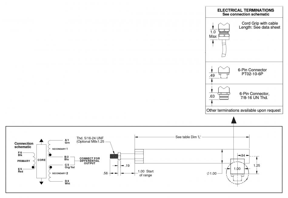 AC-LVDT Position Sensor Heavy Duty LA-25-R Series Diagram